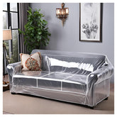 Evelots front view of clear vinyl couch cover showing full sofa protection and clarity