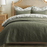 EverGrace paisley quilt front view showing olive green elegance and cozy appeal