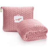 EverSnug front view of folded blanket in light pink, shows compact portability