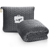 EverSnug front view showing grey packable blanket and pillow case, convenient travel storage
