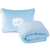 EverSnug front view of blanket in ice blue carry case shows compact convenience
