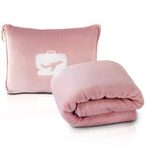 EverSnug front view of folded travel blanket showing compact packing and soft pink color