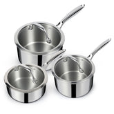 EWFEN front view of full saucepan set showing three lids and mirror finish benefit