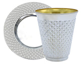 Exquisite front packaging showing 50 silver kiddush cups and saucers for easy setup