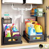 Fabutier front view of two-pack under sink organizers showing neat storage benefit