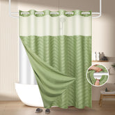 FADOTY front view green shower curtain showing built-in rings and neat hang for easy installation