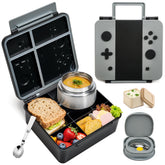 FAJSL front view of the grey bento box showing playful raised buttons and durable shell