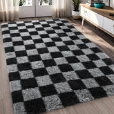 FALARK front view of black and grey checkered rug showing pattern and size benefits