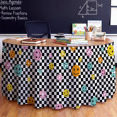 Fanfanwin front view of desk skirt showing full checkerboard design and classroom benefit