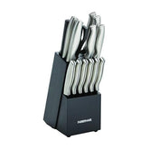 Farberware front view of knife block showing organized set and sleek black block