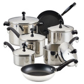 Farberware front packaging showing entire 15-piece set and included utensils for quick setup