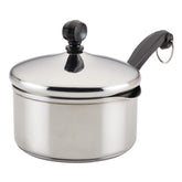 Farberware front view of 1-quart saucepan showing polished finish and lid, easy cleaning benefit