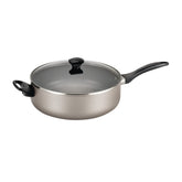Farberware front view of champagne jumbo cooker showing lid and handles, easy cleanup benefit