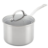 Farberware Millennium front view showing polished stainless finish and lid benefit: sleek appearance