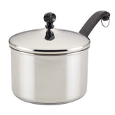 Farberware saucepan front view showing mirror finish and lid for durable cooking