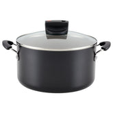 Farberware front view of 6-quart stockpot showing sleek black exterior and lid for versatile cooking