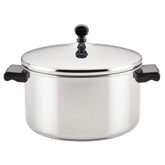 Farberware front view of 6-quart stainless stockpot showing polished finish and capacity benefit