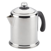 Farberware front view showing polished stainless and classic shape for durable brewing
