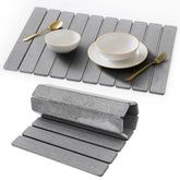 Favorking front view showing light grey stone mat protecting countertop