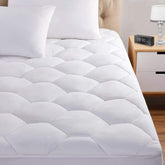 Favorland front view of twin mattress pad packaging showing fitted design benefit
