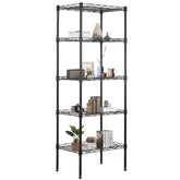 FDW front view of 5-tier shelf showing slim footprint and black finish