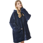Felicigeely front view blue hoodie blanket showing roomy fit and cozy hood benefit warmth