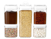 Felli front view of 5‑piece canister set showing clear acrylic and uniform lids, tidy storage benefit