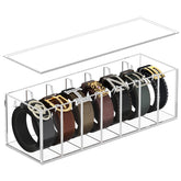 FEMELI front view of clear acrylic belt box showing organized belts and tidy display