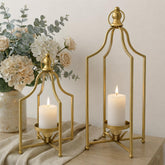 Fenisam front view of two antique gold lanterns adding elegance