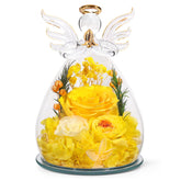 FIACO angel in glass front view showing preserved rose and elegant display benefit