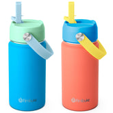 Fimibuke front view of two 14oz bottles showing colorful kid patterns and durable finish benefits