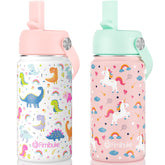 Fimibuke front view of both unicorn and dinosaur bottles showing patterns and included lids
