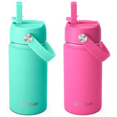 Fimibuke front view showing bottle pair and colorful patterns encouraging hydration