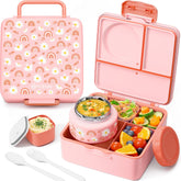Fimibuke front view of lunch box showing secure latches and colorful pattern, promotes easy transport