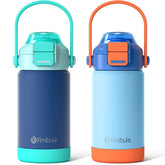 Fimibuke front view of colorful 14oz insulated bottle showing brand and compact design benefit