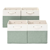 FinishingBo front view of four linen cube bins showing neat shelf-ready storage benefits