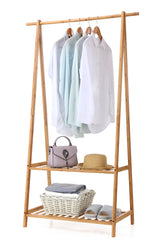 Finnhomy bamboo clothes rack front view showing full hanging capacity and clean design