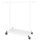 Fishat front view of white garment rack showing sturdy frame and neat storage benefit