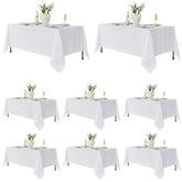 Fitable front packaging of 8-pack white tablecloths showing value and neat fold