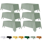 Fitable front view of six sage green tablecloths showing coordinated look and value