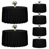 Fixwal front view of six-pack 120-inch black tablecloths showing packaging and count benefit