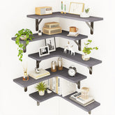Fixwal front view showing five gray corner shelves and brackets adding storage