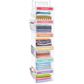 Fixwal front view hanging organizer showing six labeled shelves for quick outfit access