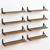 Fixwal front view of eight light carbonized floating shelves showing clean storage benefits