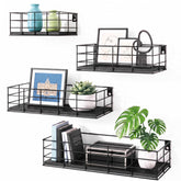 Fixwal front view of four black floating shelves showcasing organized decor and storage benefit