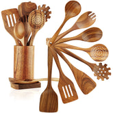 FJNATINH front view of full 10-piece teak utensil set showing organized tools and holder benefit