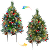 FLAGLY front view of two 27-inch pre-lit trees showing festive curb appeal