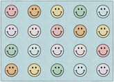 Flagship Carpets front view of pastel rainbow smileys rug shows cheerful seating spots