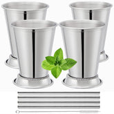 Flavourd front view of four mint julep cups showing polished finish and included straws, elegant display benefit