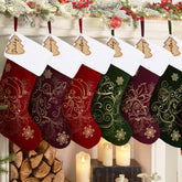 Flycalf front view of six velvet stockings showing coordinated set and holiday charm